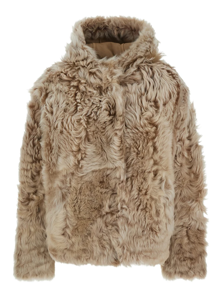 Beige Fur Coat with Fixed Hood and Hidden Fastening in Fur Woman