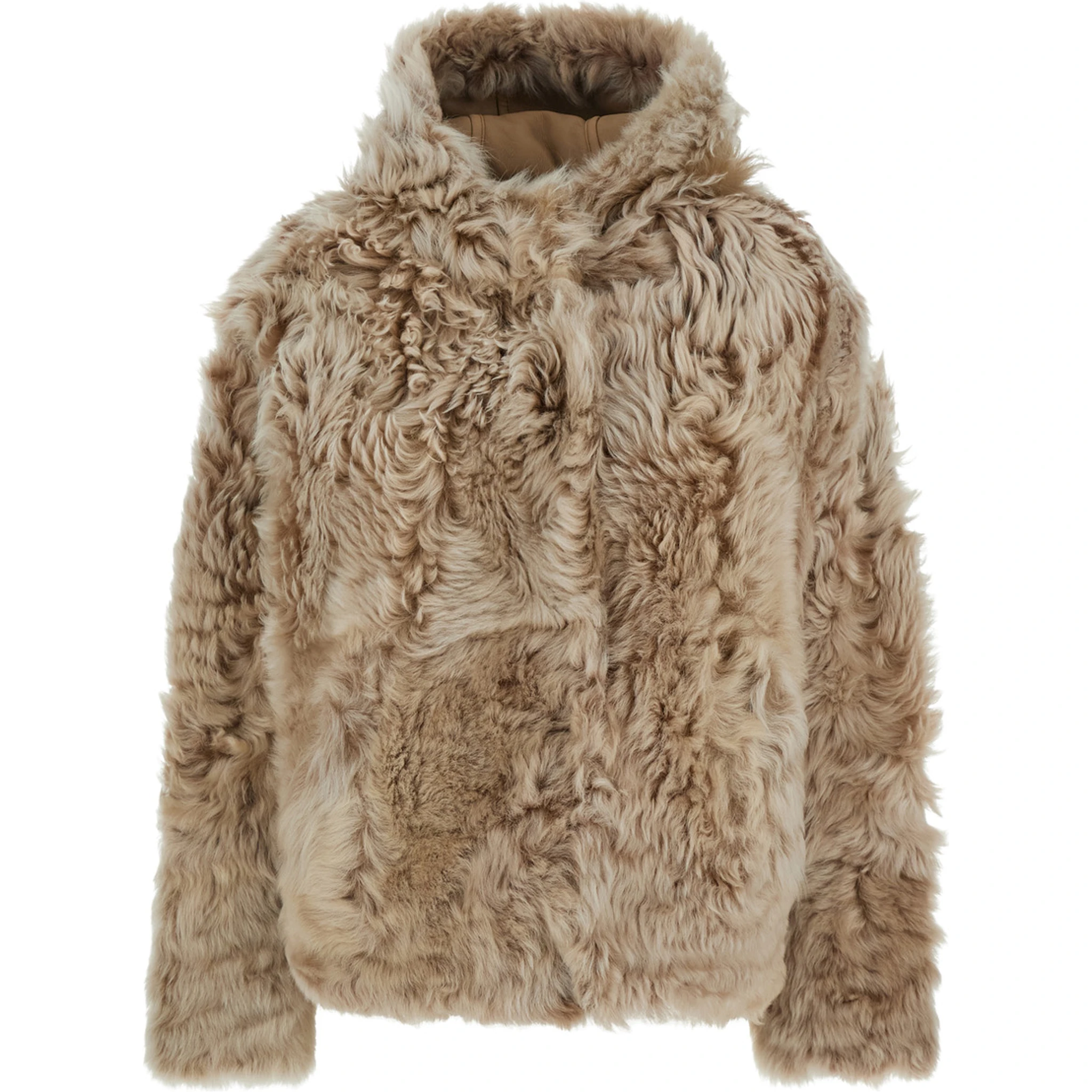 Beige Fur Coat with Fixed Hood and Hidden Fastening in Fur Woman