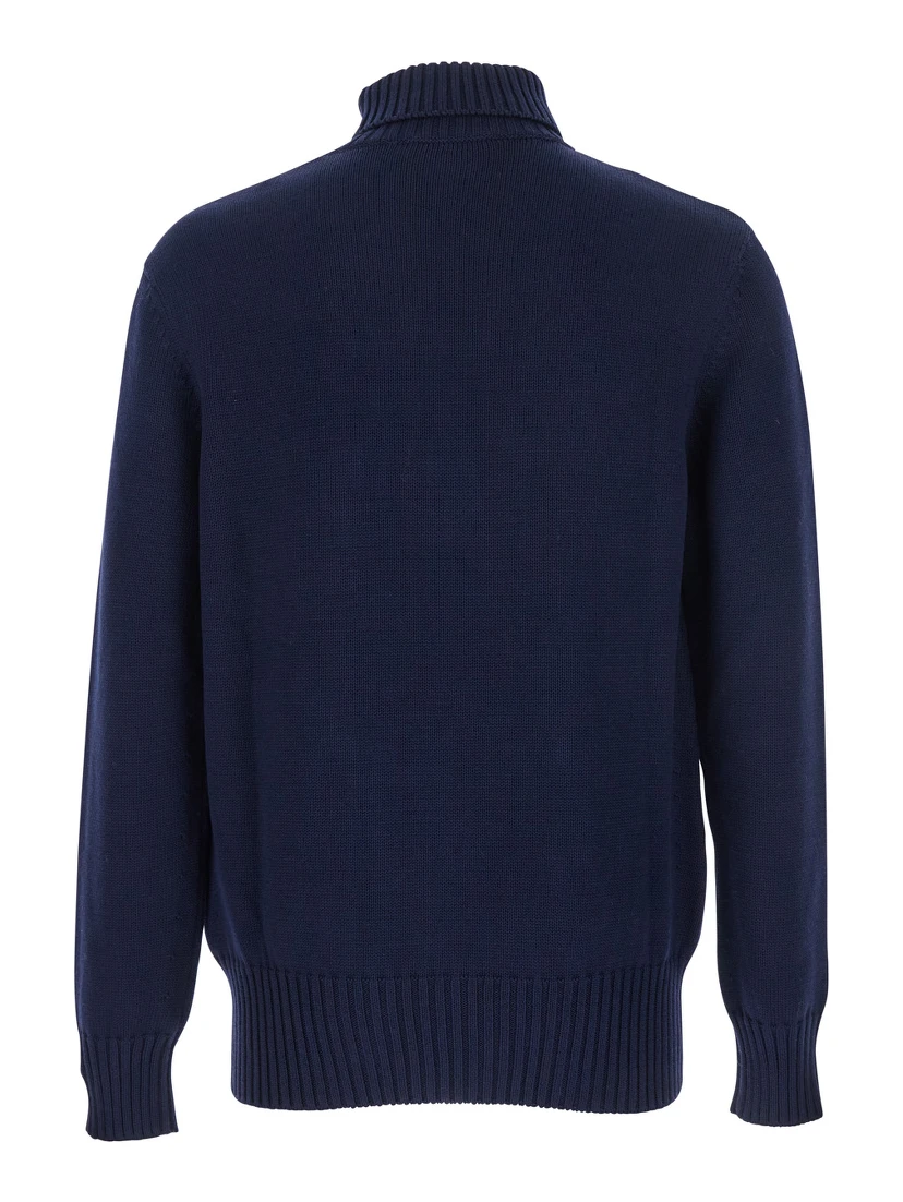 Blue Turtleneck Sweater with Logo Lettering on the Front in Wool Man