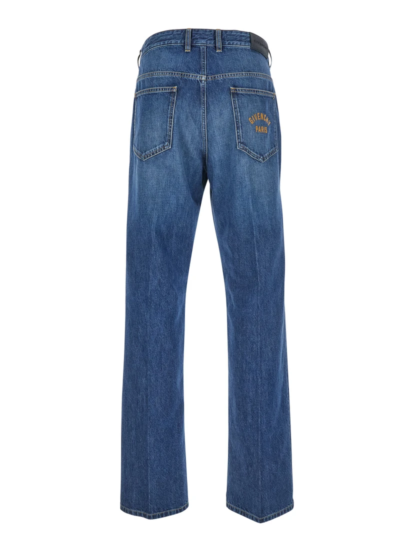 Blue Five-Pocket Jeans with Logo Patch on the Back in Denim Man