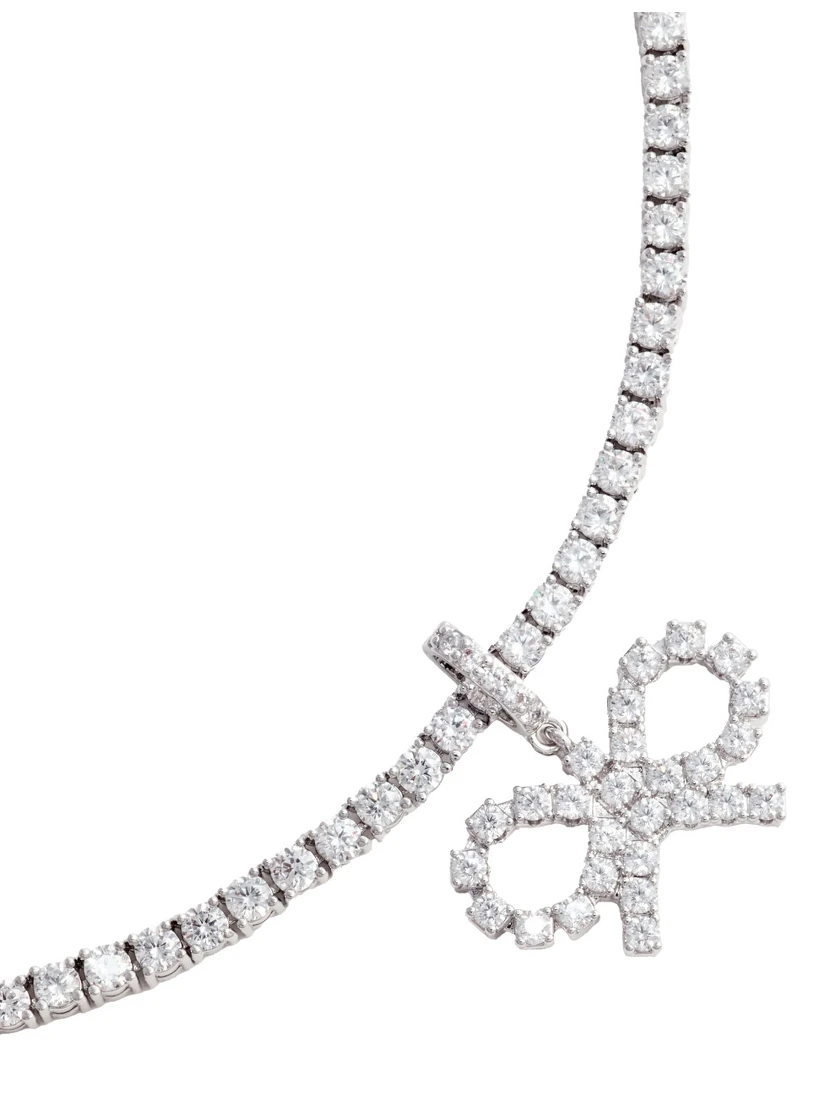 Metallic Tennis Necklace with Bow Charm and Crystal Embellishments in Brass Woman