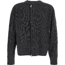Grey Crew Neck Cardigan with Ribbed Design in Wool Man