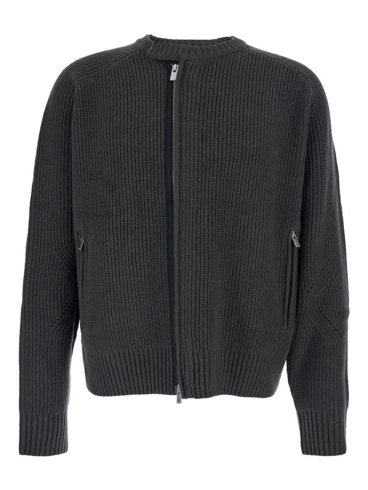 Grey Crew Neck Cardigan with Ribbed Design in Wool Man