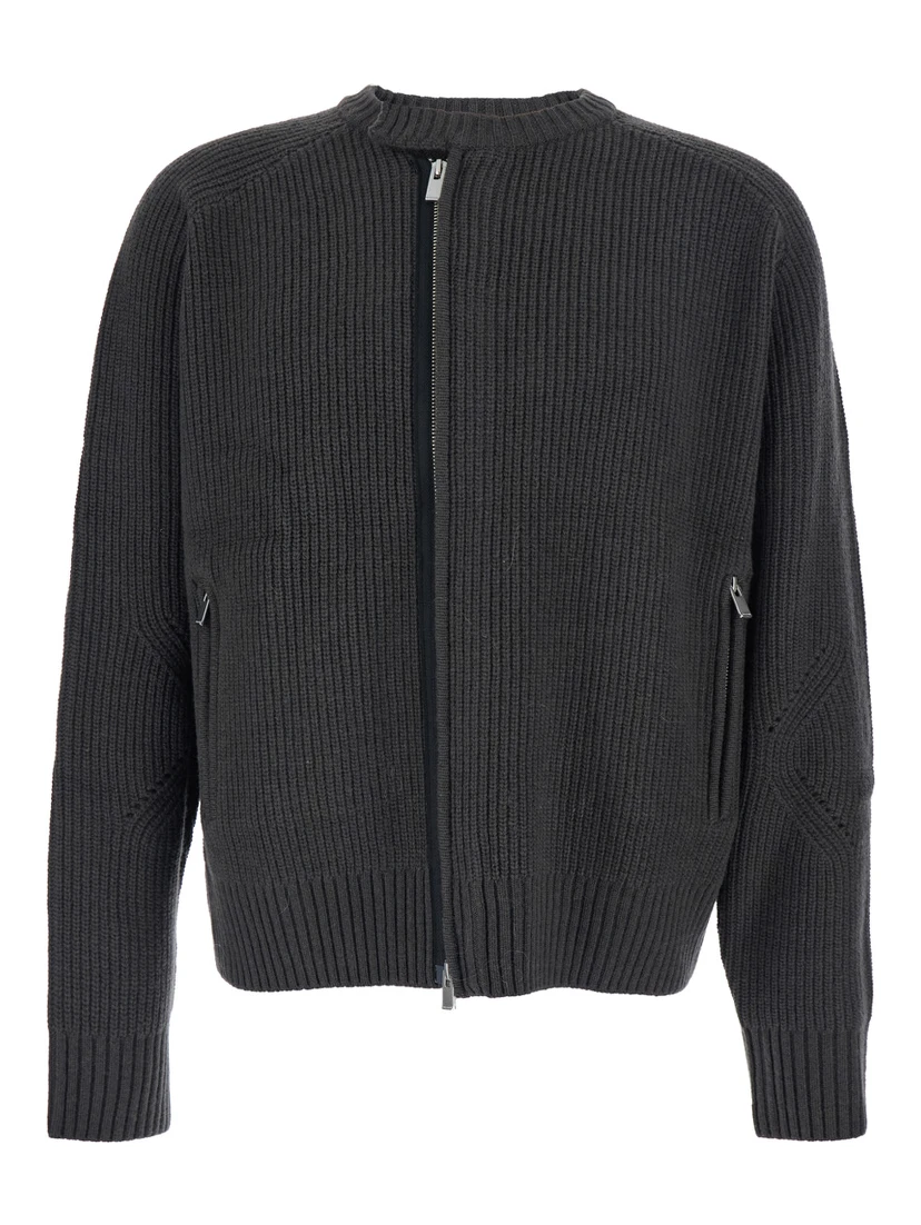 Grey Crew Neck Cardigan with Ribbed Design in Wool Man
