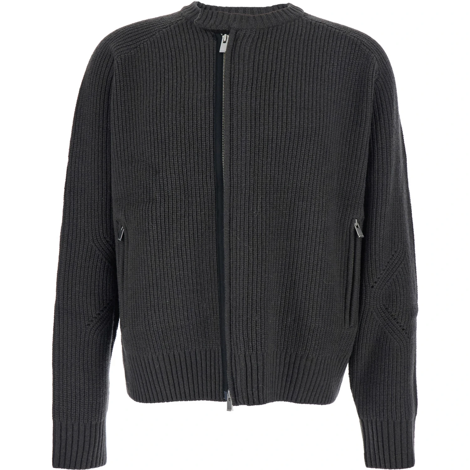 Grey Crew Neck Cardigan with Ribbed Design in Wool Man