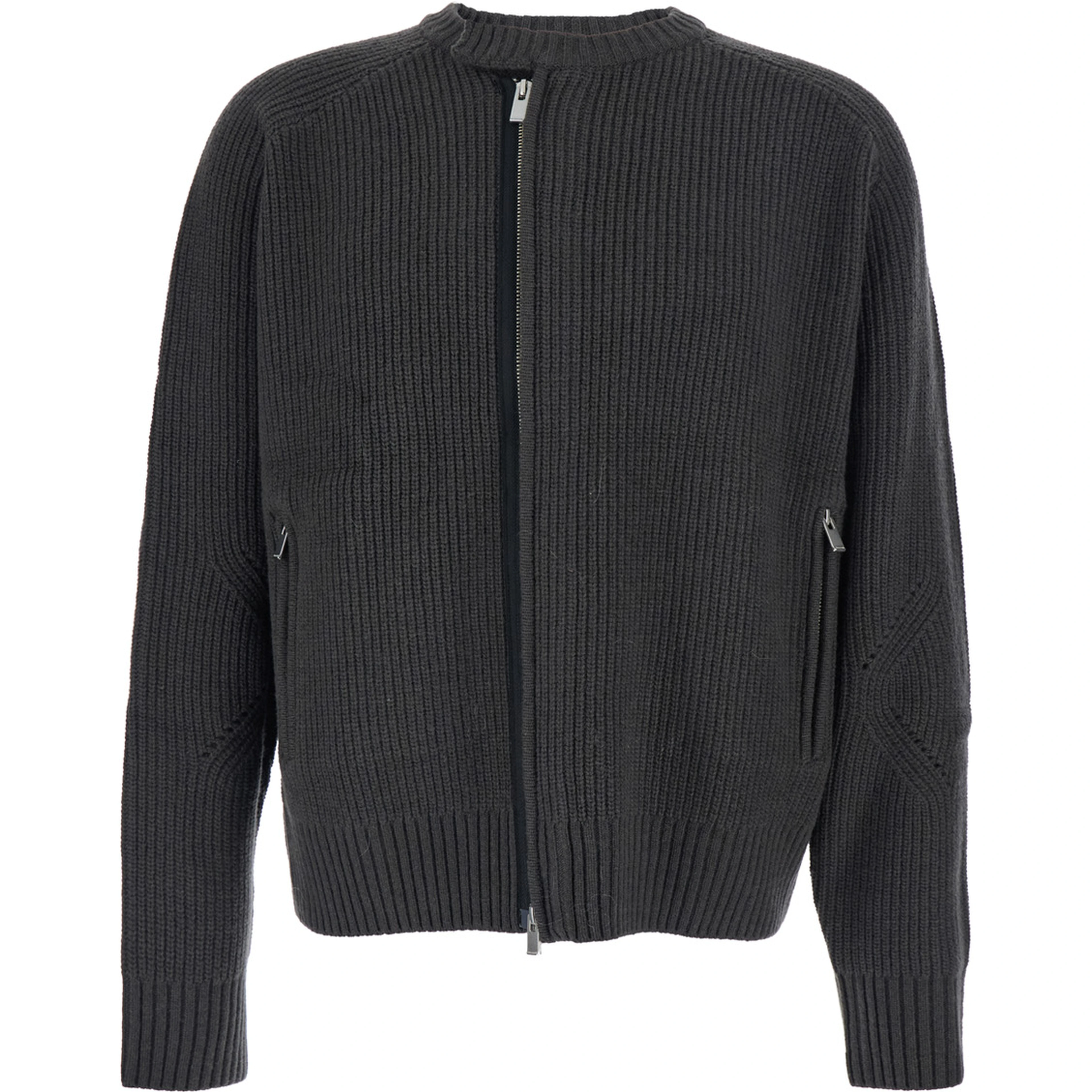 Grey Crew Neck Cardigan with Ribbed Design in Wool Man