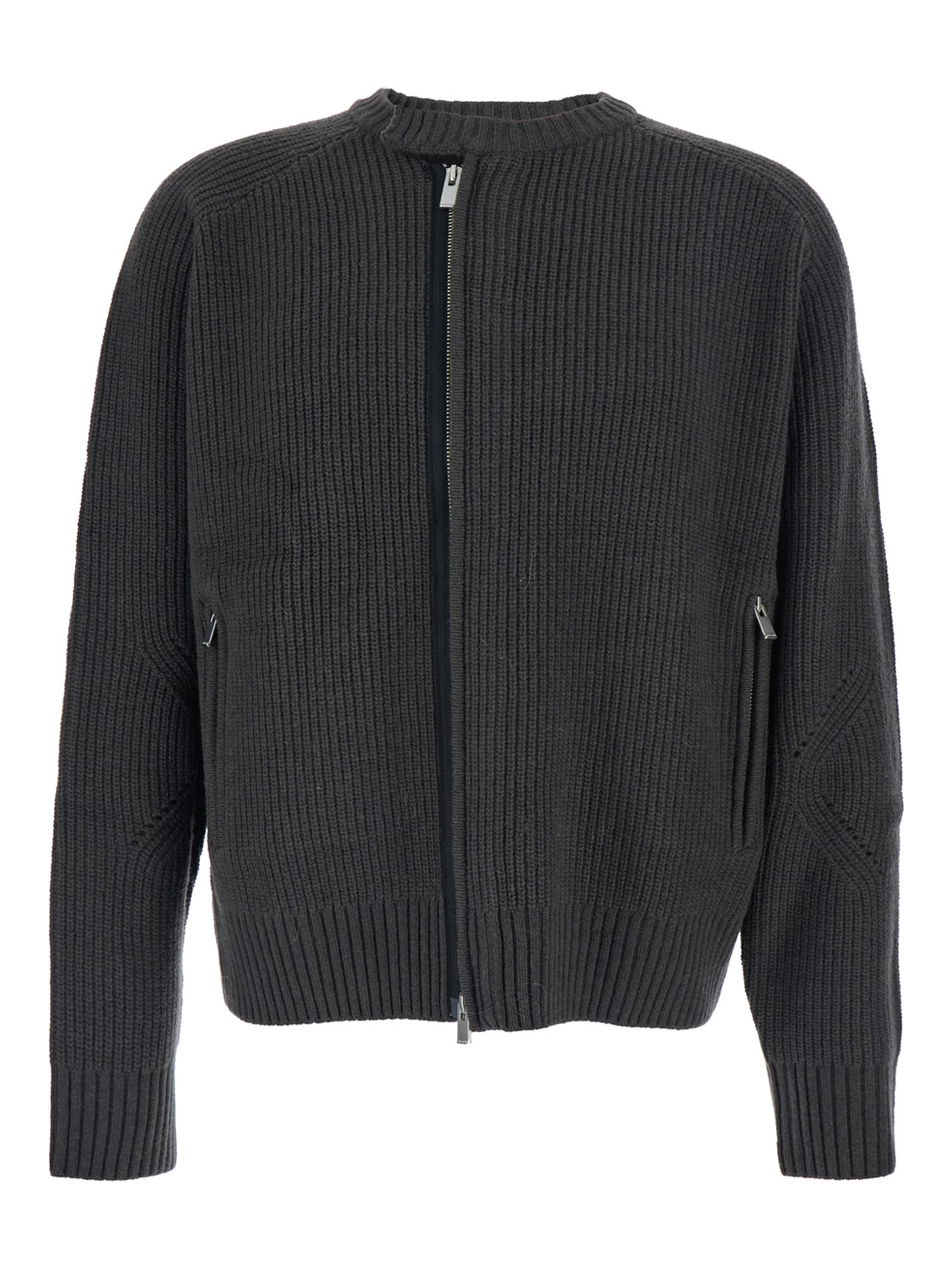 Grey Crew Neck Cardigan with Ribbed Design in Wool Man