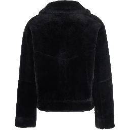 Black Shearling Coat with Classic Collar and Button Closure in Faux Fur Woman