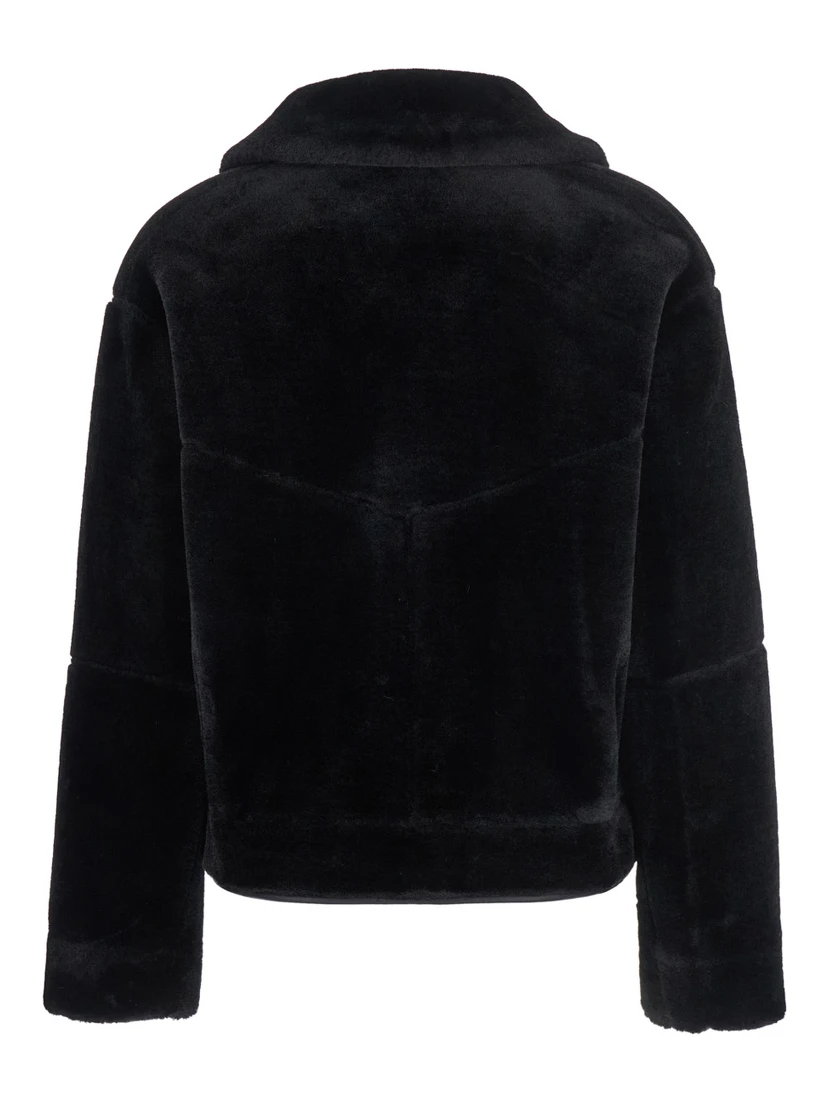 Black Shearling Coat with Classic Collar and Button Closure in Faux Fur Woman