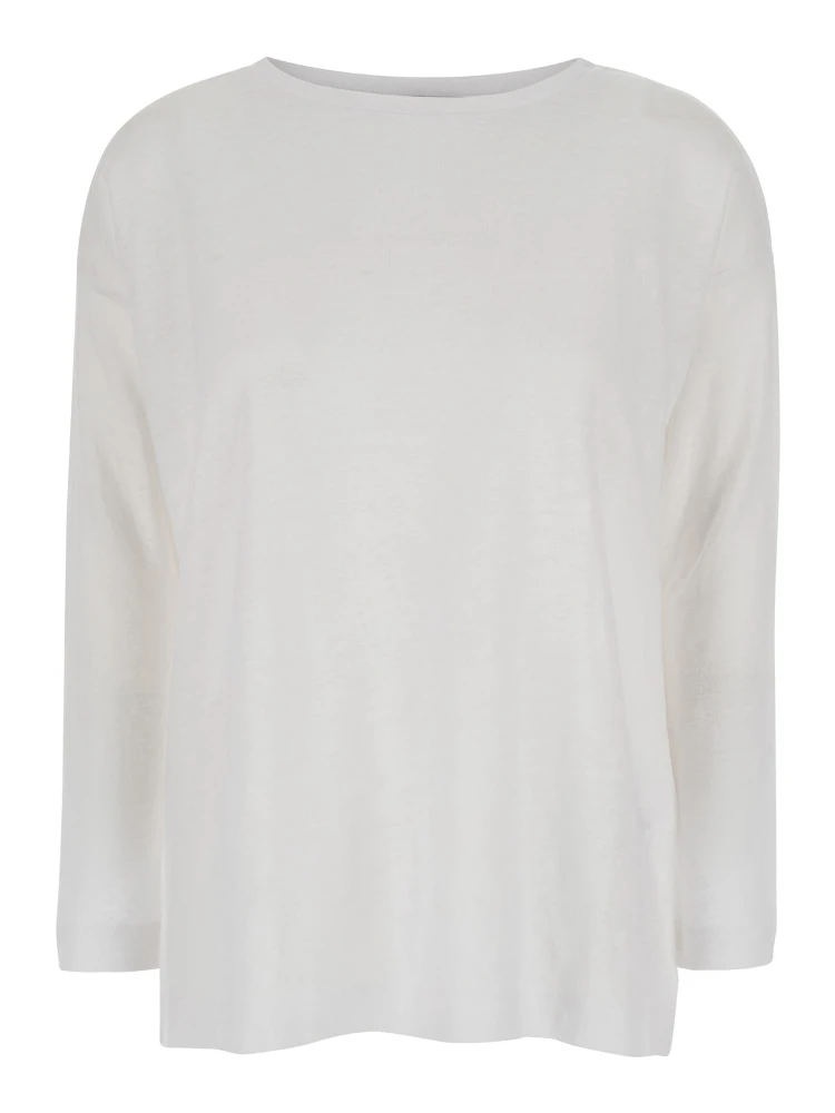 White Shirt with Boart Neckline in Linen Woman