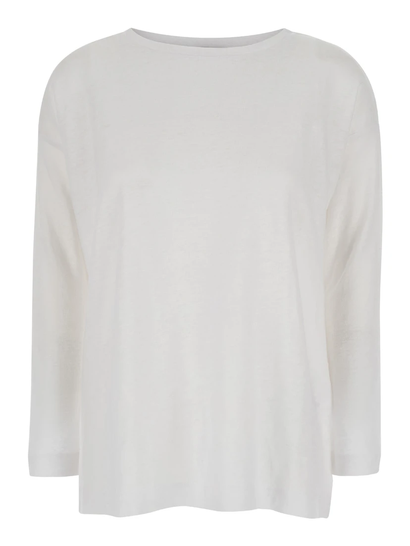 White Shirt with Boart Neckline in Linen Woman