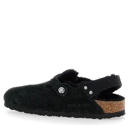 Tokio Black Mules with Engraved Logo in Suede and Shearling Woman