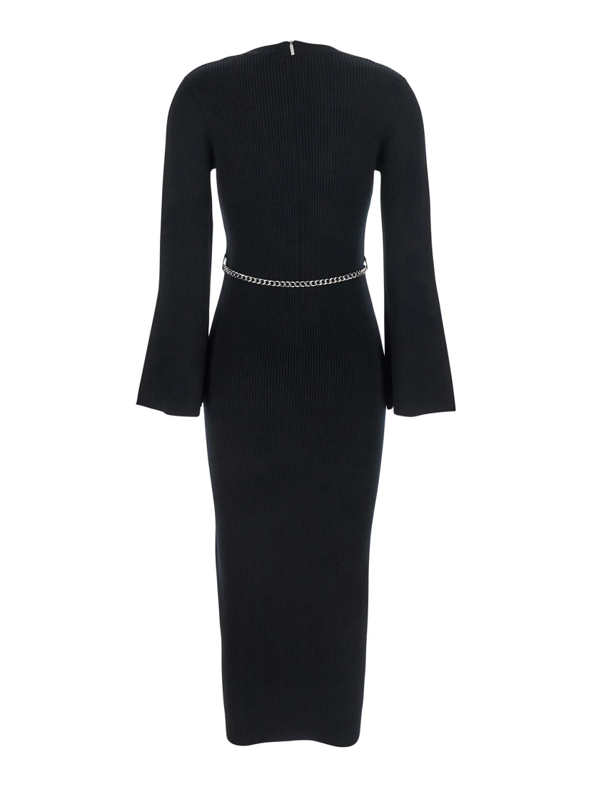 Black Dress with Chain Belt and Logo Plaque on the Rear in Wool Blend Stretch Woman