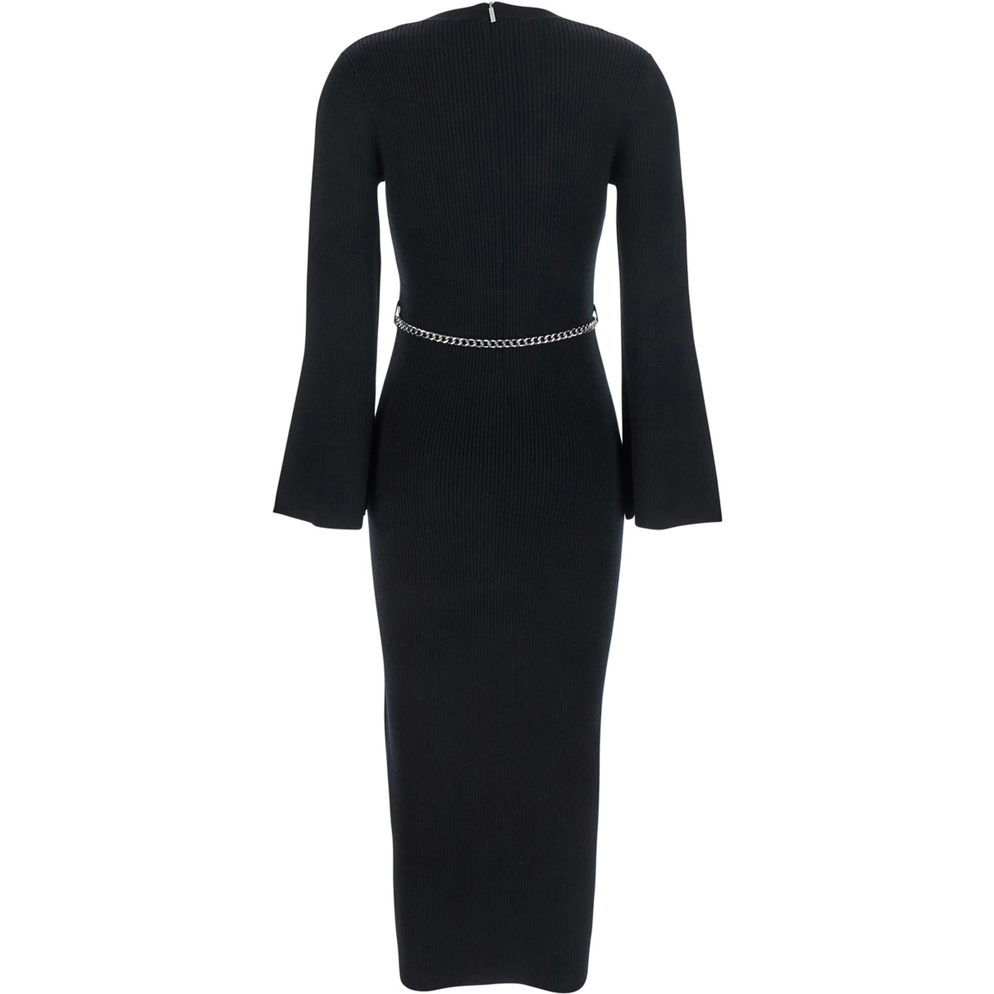 Black Dress with Chain Belt and Logo Plaque on the Rear in Wool Blend Stretch Woman