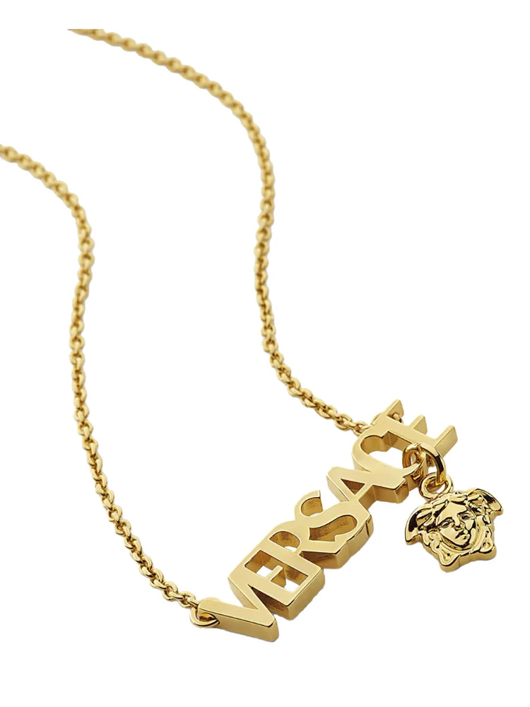 Metallic Necklace with Logo Lettering Pendant and Medusa Pendant in Metal Man