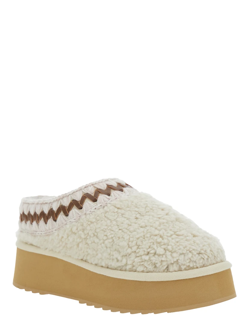 White Mules with Braided Detail in Faux Fur Woman