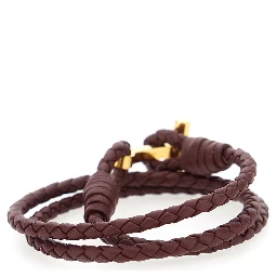 Bordeaux Bracelet with Intrecciato Motif in Leather and Brass Woman