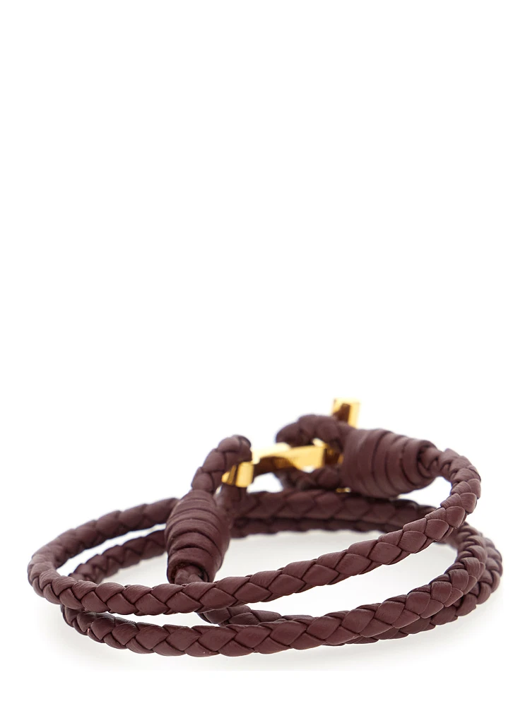 Bordeaux Bracelet with Intrecciato Motif in Leather and Brass Woman alternative