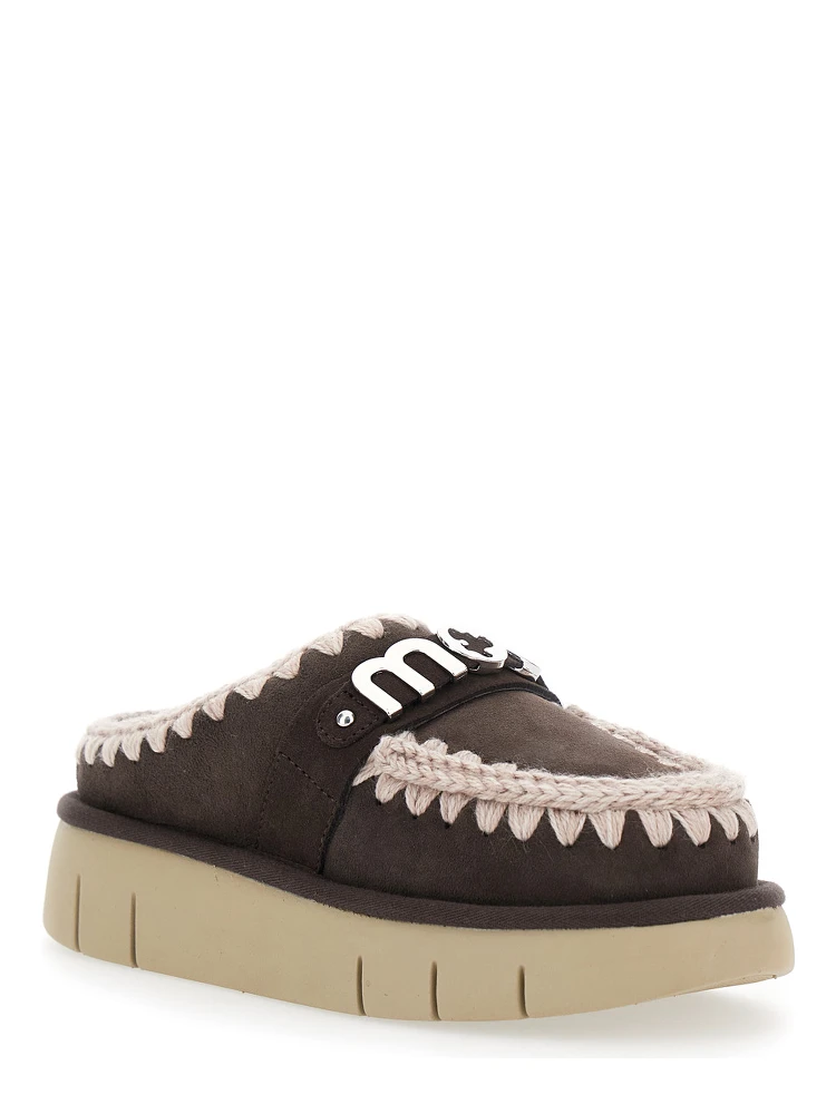 Bounce Brown Mules with Logo Lettering and Open Rear in Leather Woman alternative