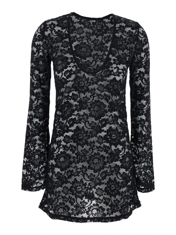 Bohemia Black Mini Dress with All-Over Lace Embroidery in Tech Fabric Stretch Woman