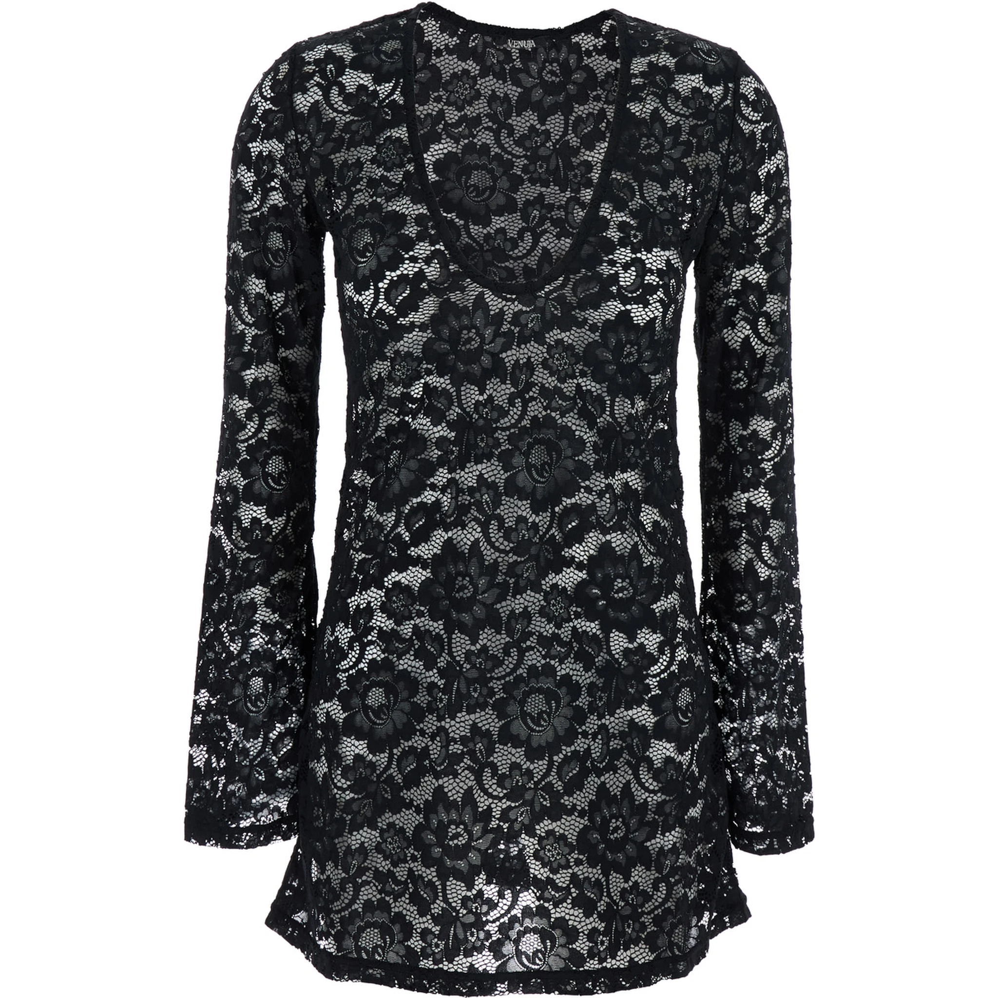 Bohemia Black Mini Dress with All-Over Lace Embroidery in Tech Fabric Stretch Woman