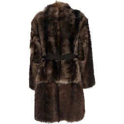 Brown Shearling Coat with High Neck and Front Belt Closure in Fur Woman