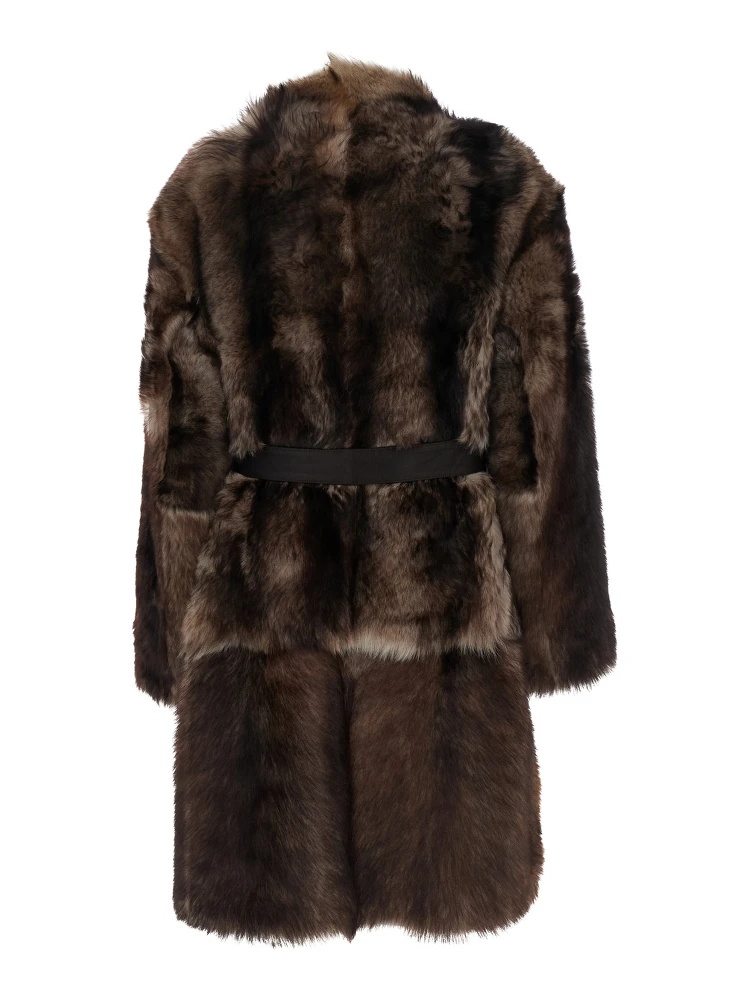 Brown Shearling Coat with High Neck and Front Belt Closure in Fur Woman alternative