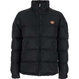 Black Down Jacket with Hood with Drawstring and VLogo Patch on the Front in Tech Fabric Man