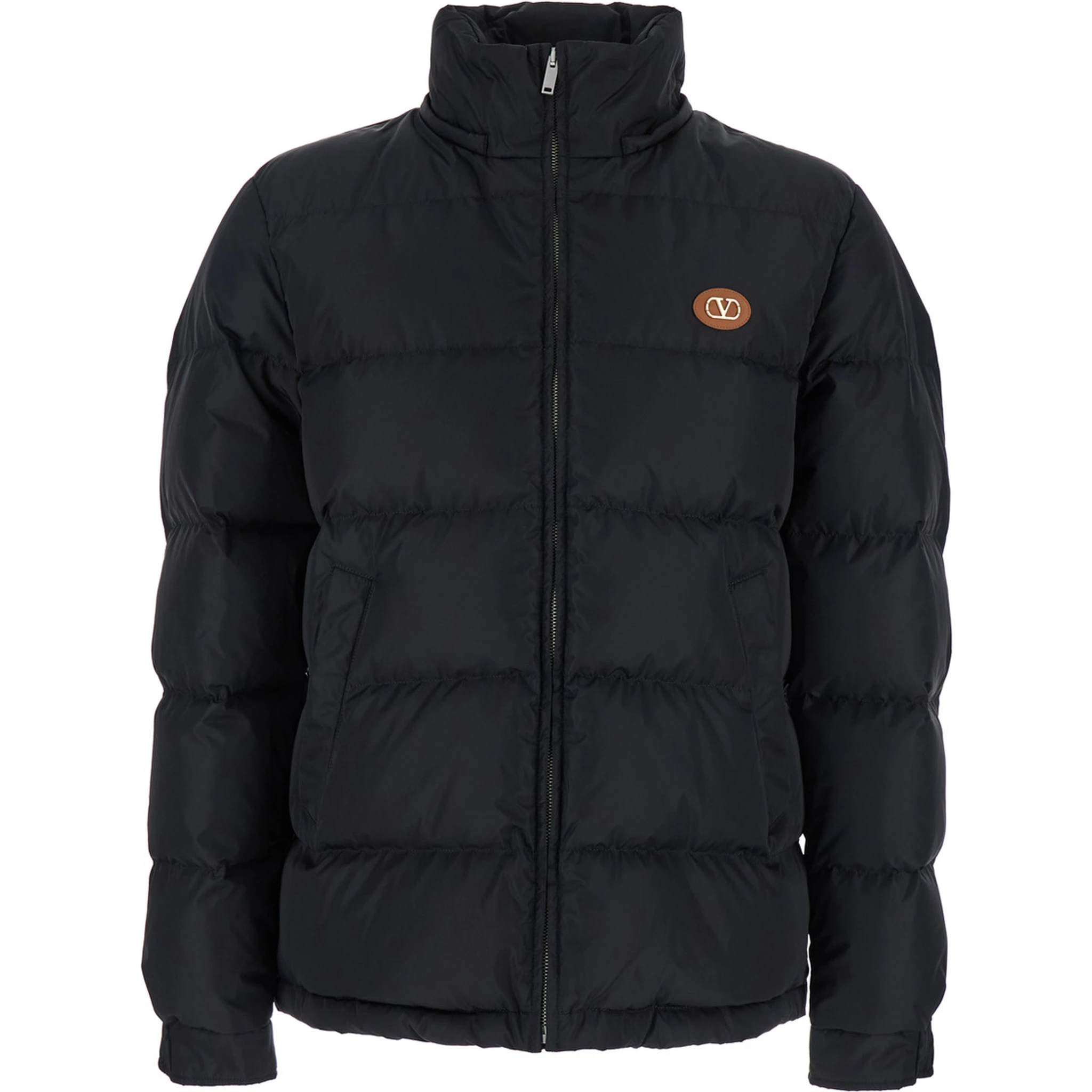 Black Down Jacket with Hood with Drawstring and VLogo Patch on the Front in Tech Fabric Man