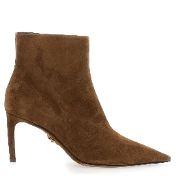 Beige Ankle Boots with Pointed Toe and Metallic Logo in Suede Woman