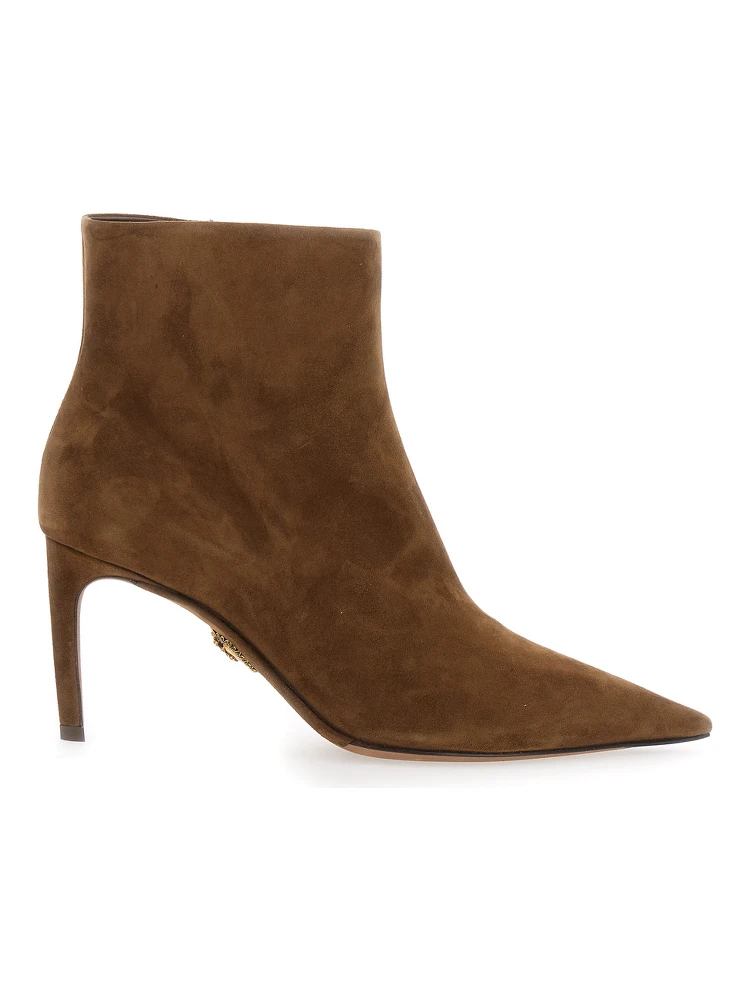 Beige Ankle Boots with Pointed Toe and Metallic Logo in Suede Woman