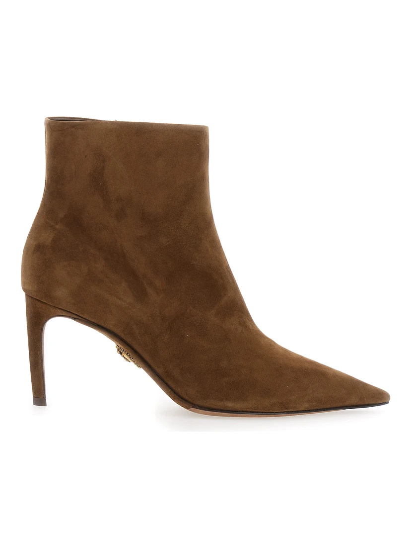 Beige Ankle Boots with Pointed Toe and Metallic Logo in Suede Woman