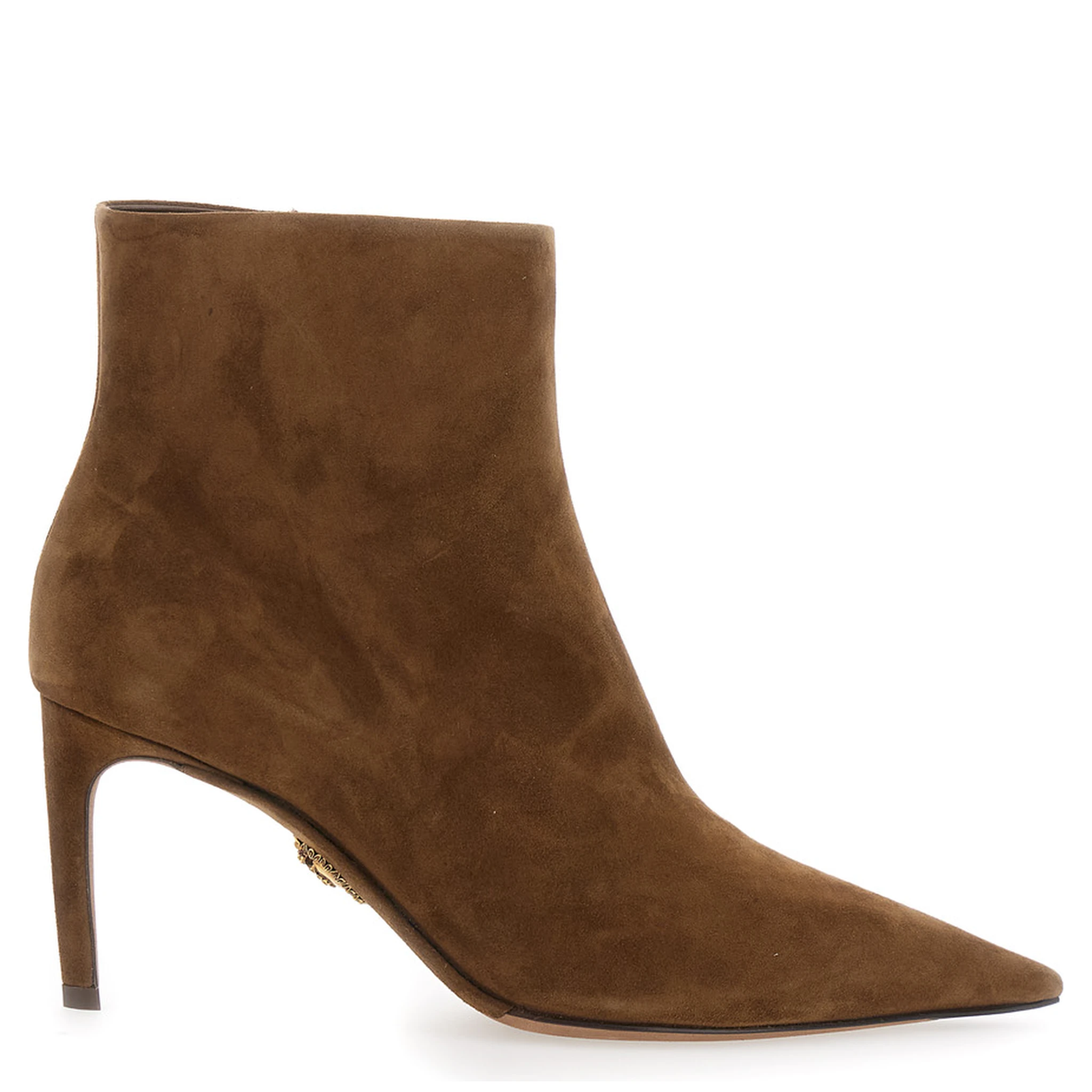 Beige Ankle Boots with Pointed Toe and Metallic Logo in Suede Woman