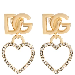 Metallic Earings with Logo Plaque and Heart Pendant in Brass and Glass Woman