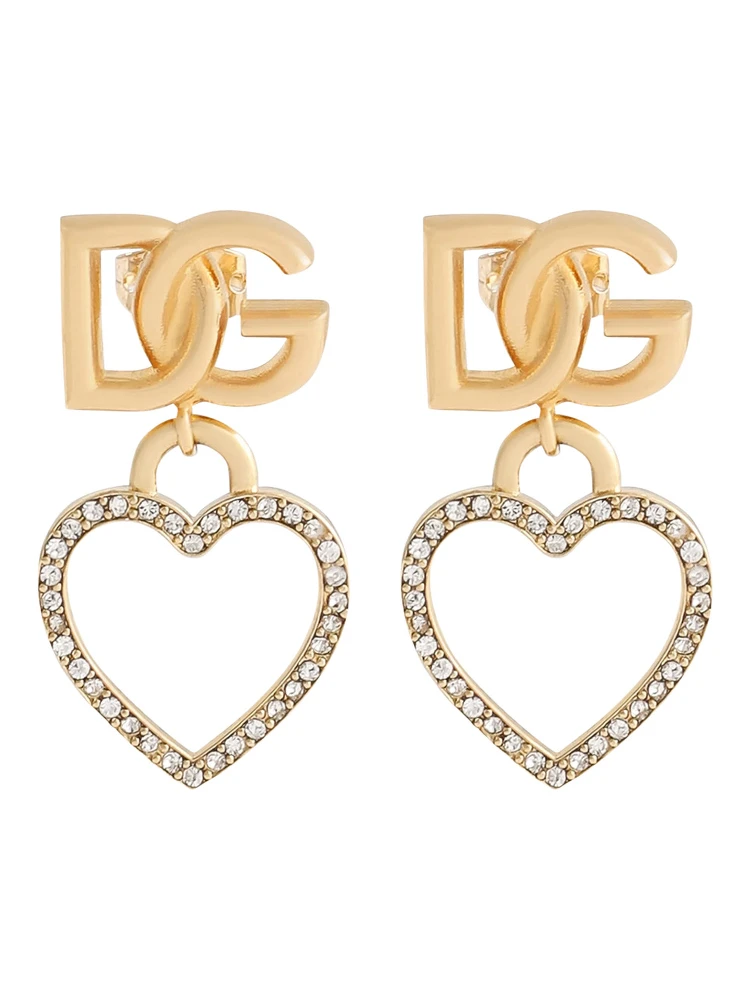 Metallic Earings with Logo Plaque and Heart Pendant in Brass and Glass Woman