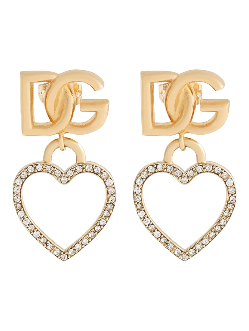 Metallic Earings with Logo Plaque and Heart Pendant in Brass and Glass Woman