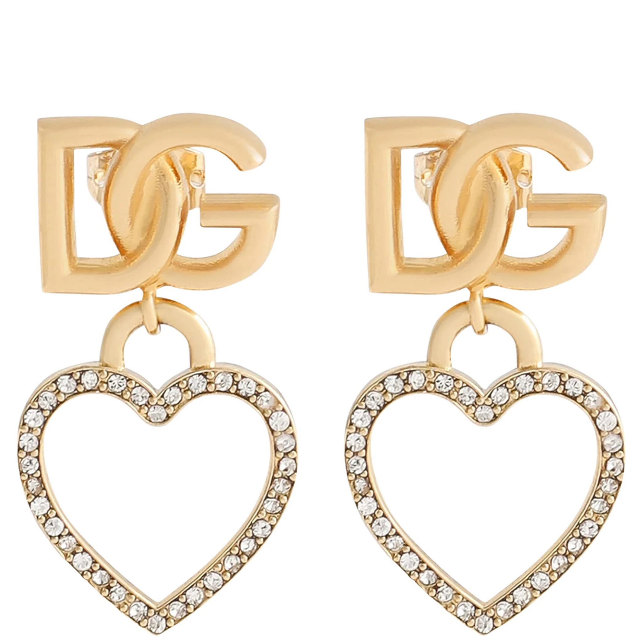 Metallic Earings with Logo Plaque and Heart Pendant in Brass and Glass Woman