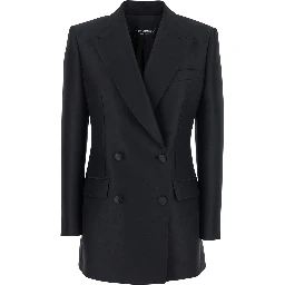 Black Double-Breasted Jacket with Peak Revers in Wool and Silk Woman