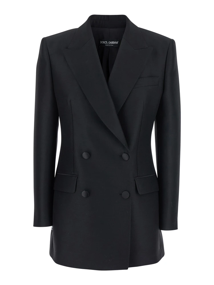 Black Double-Breasted Jacket with Peak Revers in Wool and Silk Woman