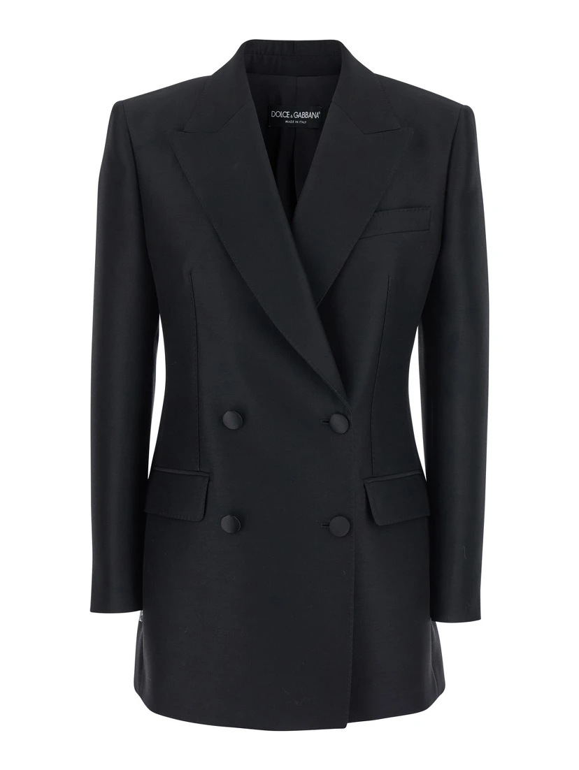 Black Double-Breasted Jacket with Peak Revers in Wool and Silk Woman
