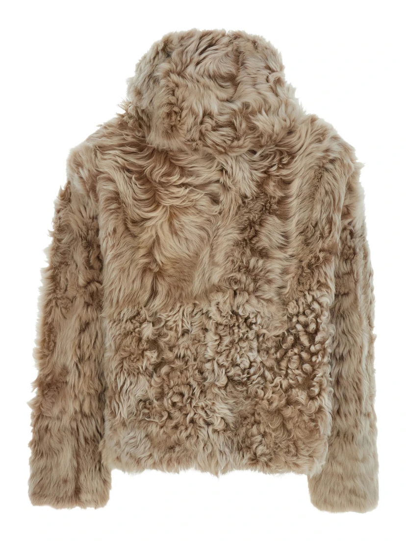 Beige Fur Coat with Fixed Hood and Hidden Fastening in Fur Woman