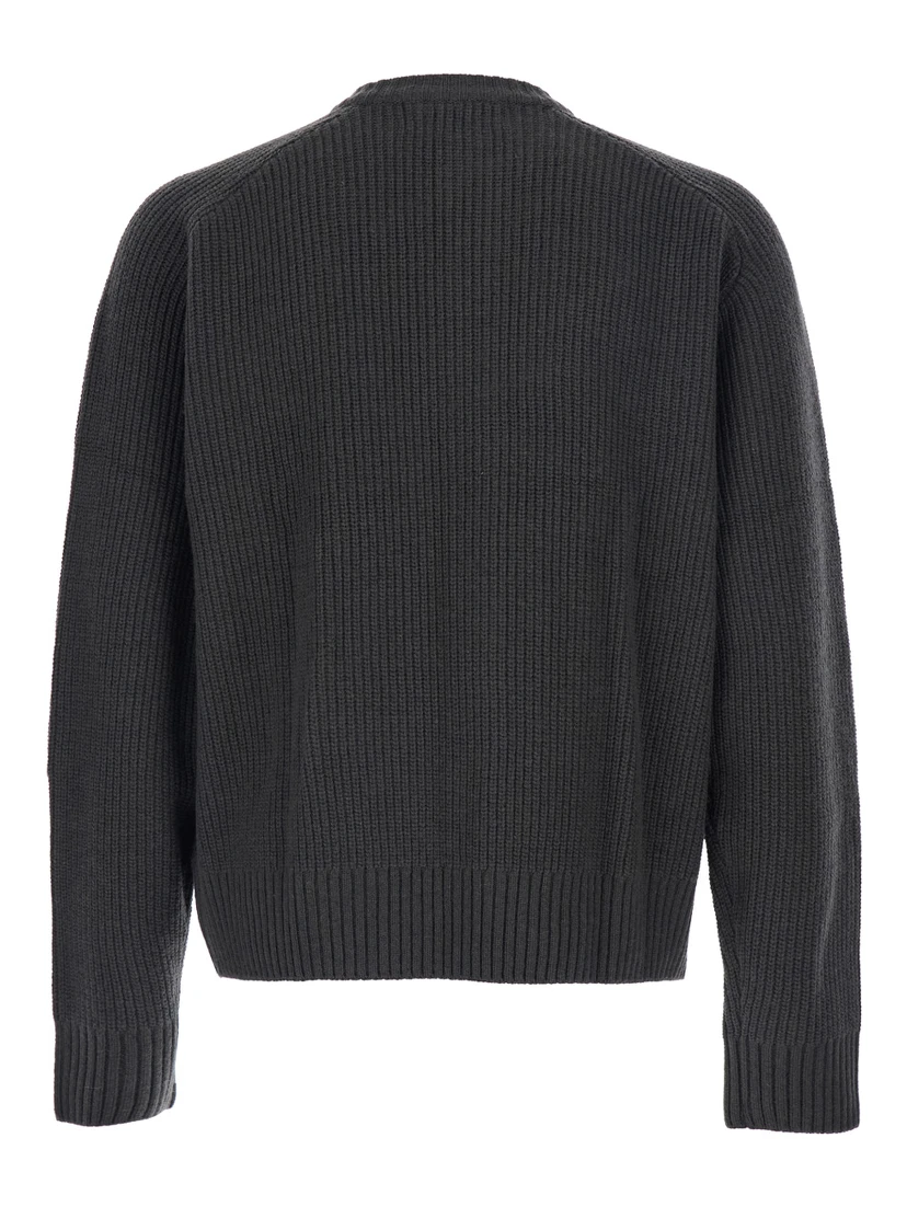 Grey Crew Neck Cardigan with Ribbed Design in Wool Man