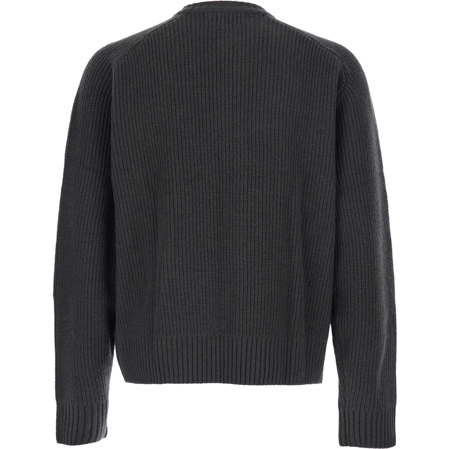Grey Crew Neck Cardigan with Ribbed Design in Wool Man