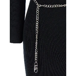 Black Dress with Chain Belt and Logo Plaque on the Rear in Wool Blend Stretch Woman