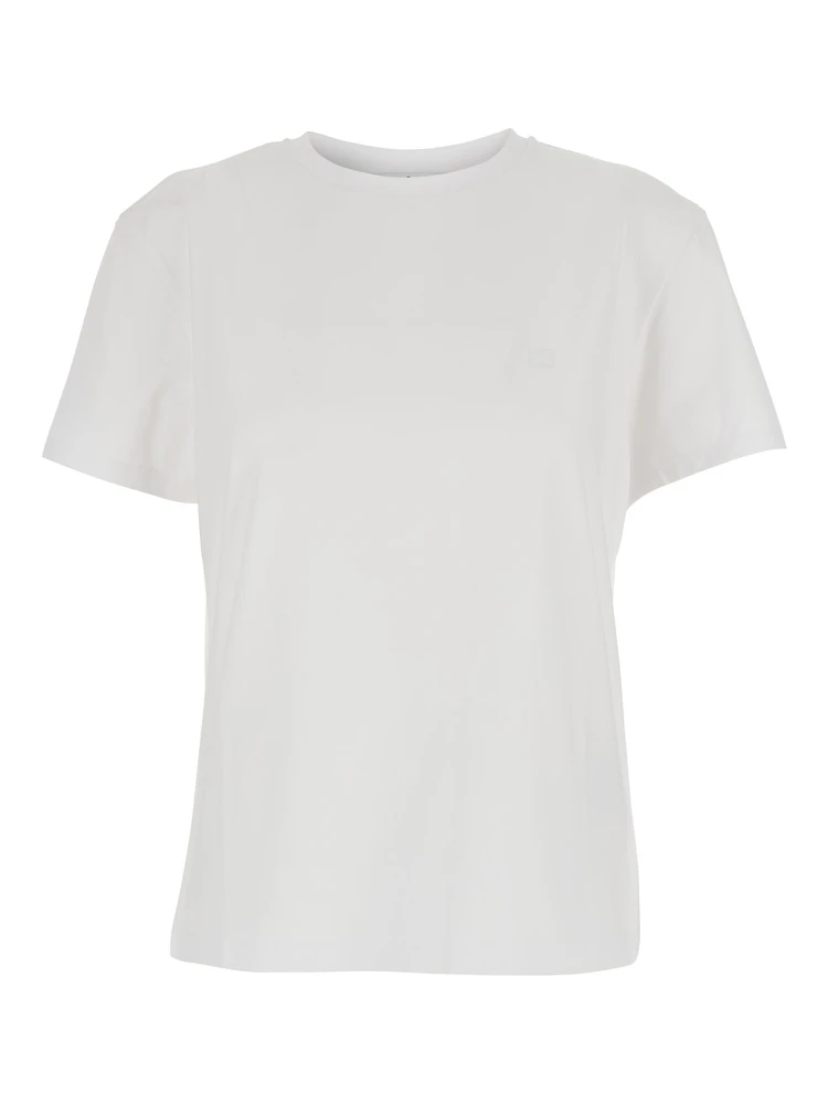 White Crewneck T-Shirt with Tonal Logo Patch on the Front in Cotton Woman