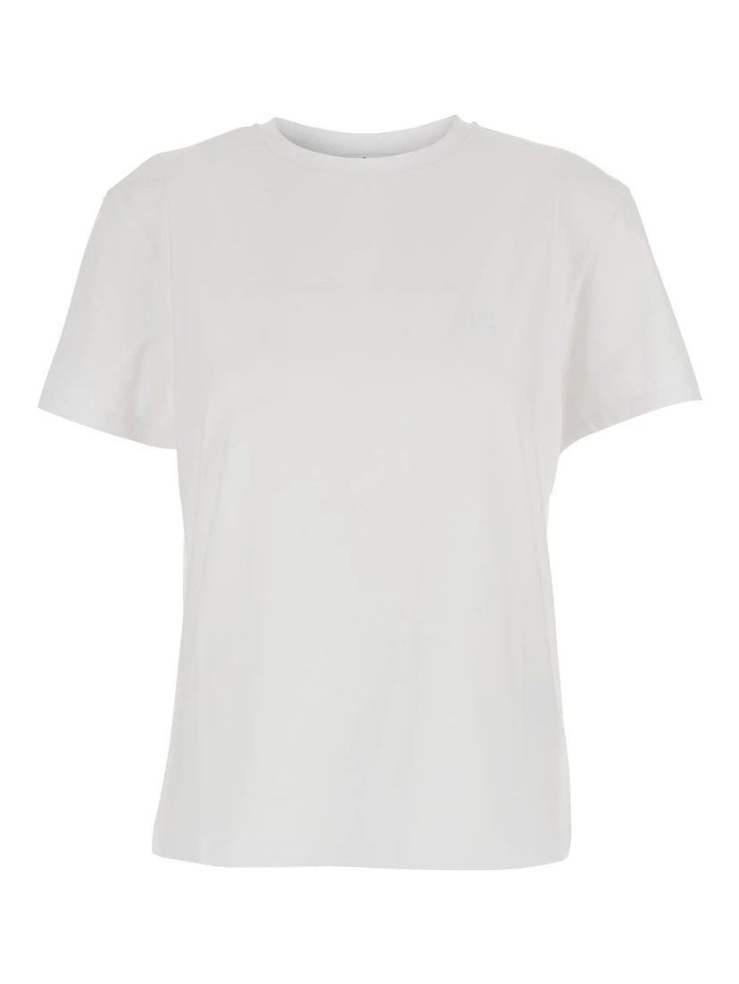 White Crewneck T-Shirt with Tonal Logo Patch on the Front in Cotton Woman