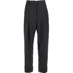 Partan Grey Pants with Turn-Up Hem and Two Rear Flap Pockets with Button in Wool Woman