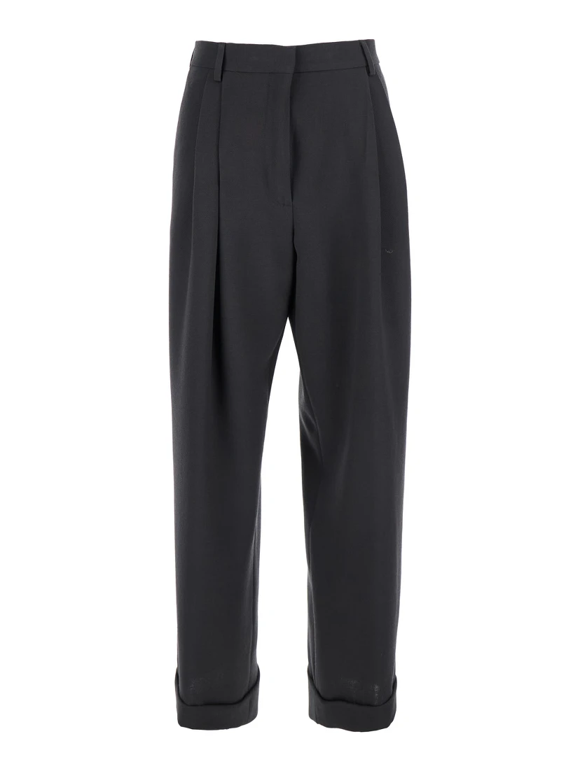 Partan Grey Pants with Turn-Up Hem and Two Rear Flap Pockets with Button in Wool Woman