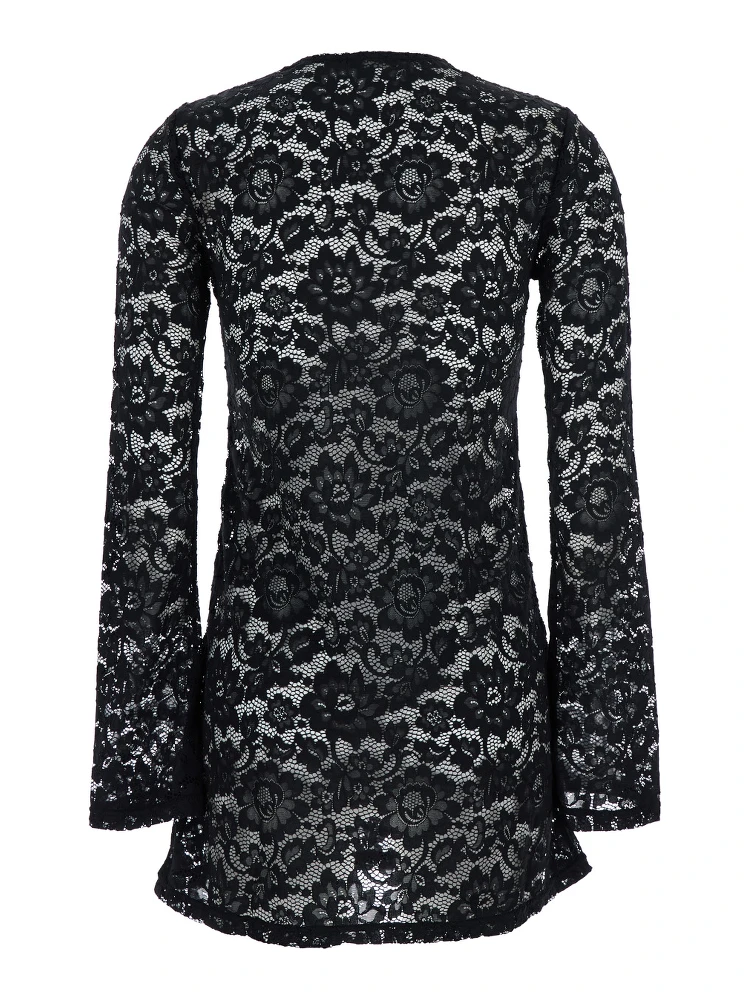 Bohemia Black Mini Dress with All-Over Lace Embroidery in Tech Fabric Stretch Woman alternative