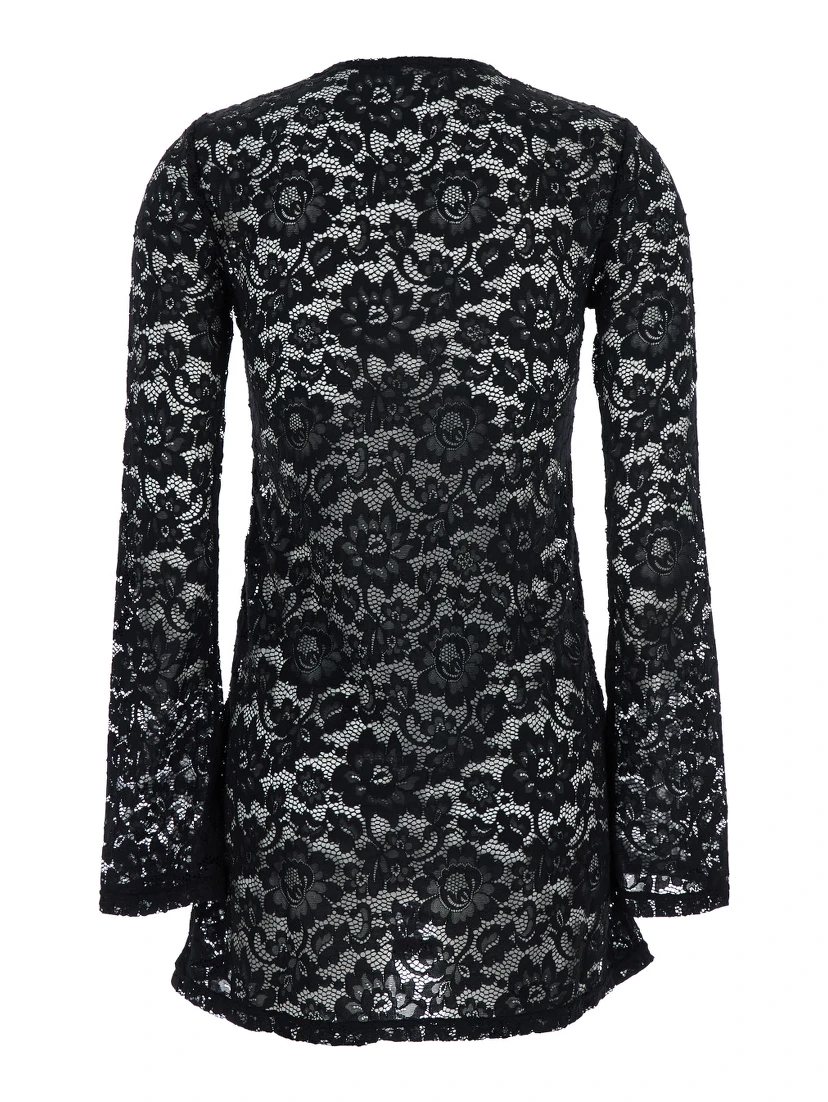 Bohemia Black Mini Dress with All-Over Lace Embroidery in Tech Fabric Stretch Woman